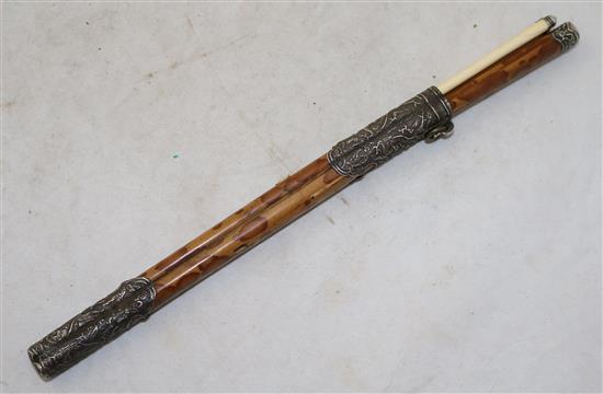 A South East Asian silver mounted bamboo knife and ivory chopstick set, 19th century, 30.5cm